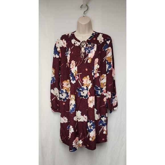 Old Navy Woman's Notched V-Neck Multi-Burgundy Floral Dress 3/4 Sleeve Size Lg - Picture 2 of 9
